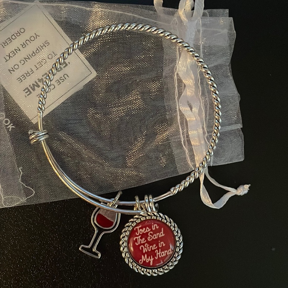 Silver Bracelet with red wine glass and Toes in The Sand Wine in My Hand charms